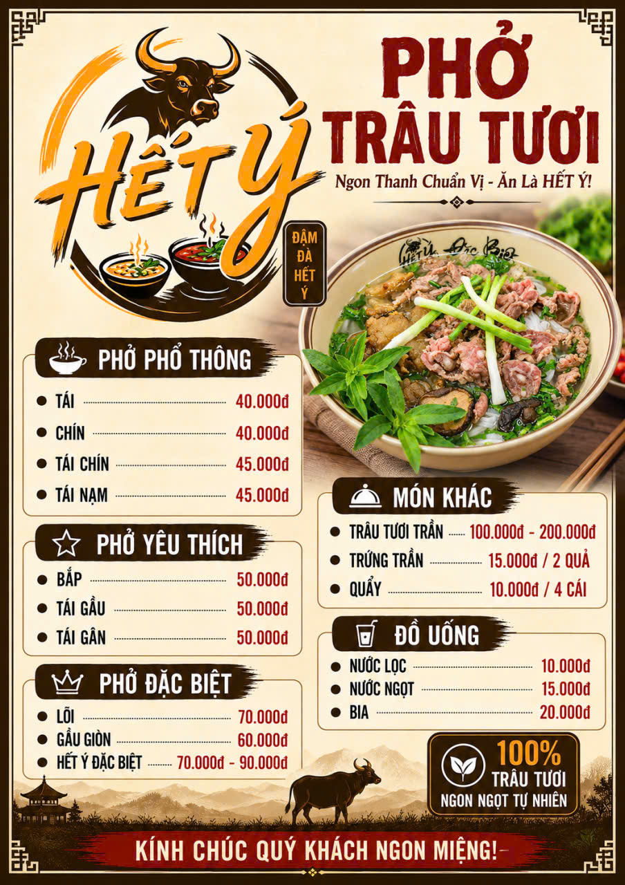 Bảng thực đơn Hết Ý Quán — Phở trâu tươi